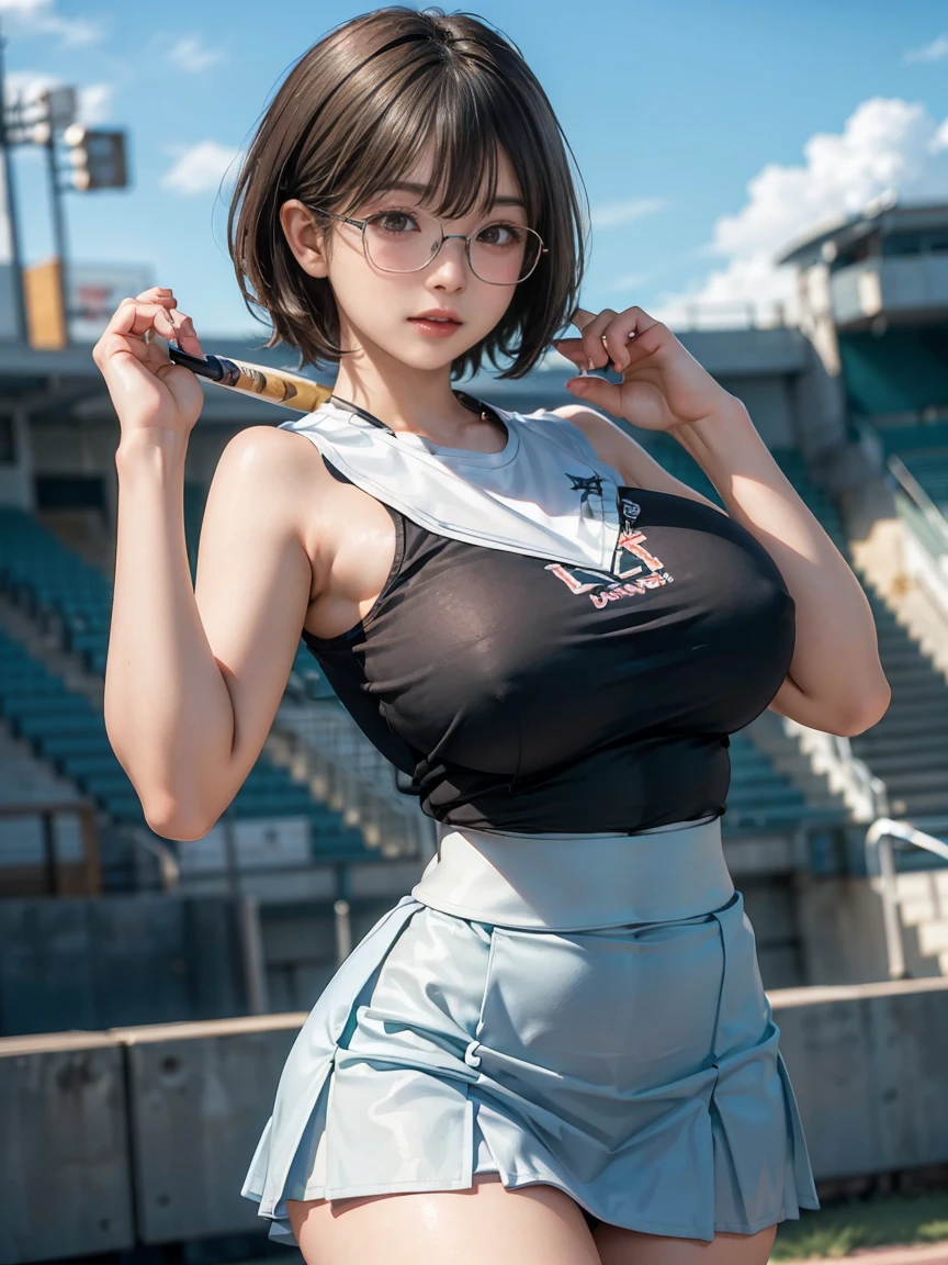 8k, RAW Photos, Highest quality, masterpiece, Realistic, Realistic, (1 Ultimate beauty), High school baseball cheerleading squad,(Strictly adhere to a composition where only one person appears in the photo)、(At the baseball stadium)(Wear rimless glasses)((Cheerleading girlsチアリーダー))(Cheerleading girls) (((Sleeveless shirts with flared skirts)))Highly detailed face, (Perfect Teeth), fine grain, double eyelid, eyelash, Lip details, (((Black short bob hair)), (((Very large breasts)))Big Breasts,(((Accentuate your cleavage)))(((Leaning forward)))Cowboy Shot, Soft Light, ((Written boundary depth))
Proceed with caution,((, Japanese women)), (((moderately fleshy body, Tight waist))), (((Front view, Realistic))Front view