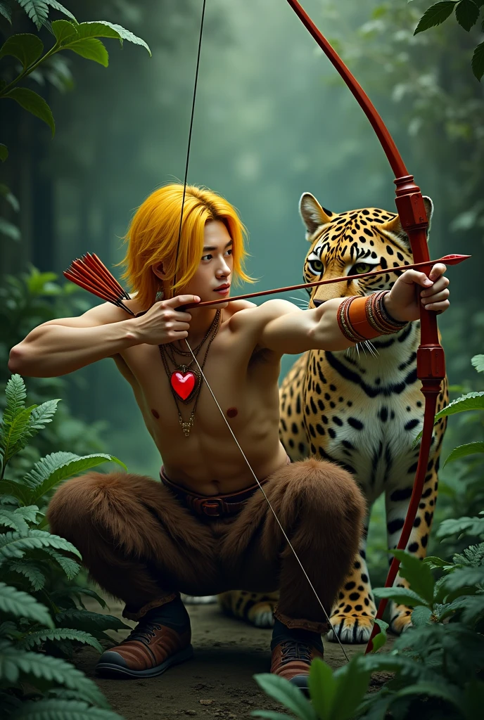 Very handsome guy  Korean. He has yellow hair that reaches down to the ground and bangs that go to the side.. He is shirtless, in furry brown pants and shoes in the form of cloven hooves. He has a red heart pendant.. He squats in a thick dark thicket of fern leaves and shoots an arrow from his bow.. A kind jaguar next to him.