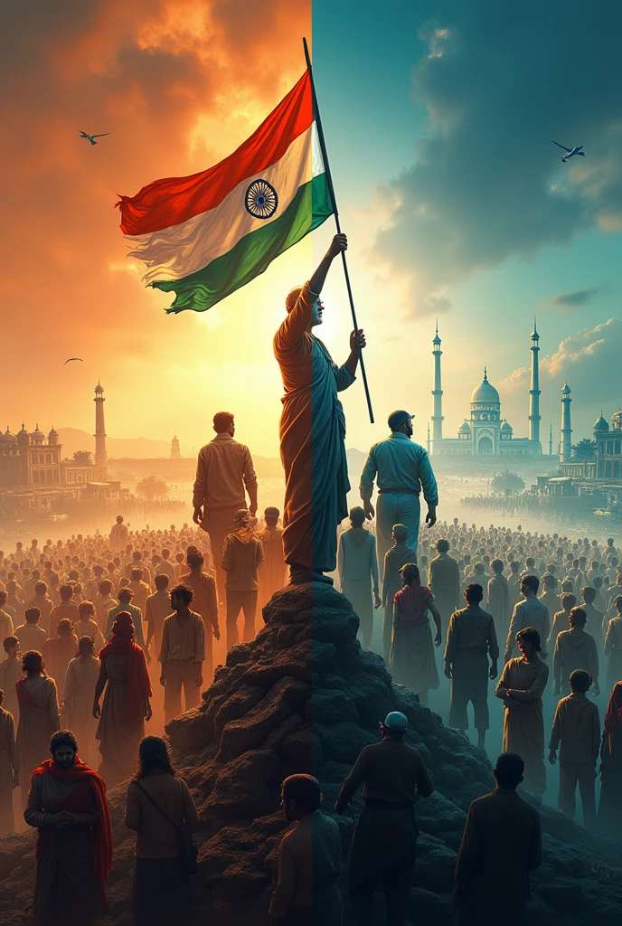 Generate a poster of india in 1947 and compare it with India in 2024