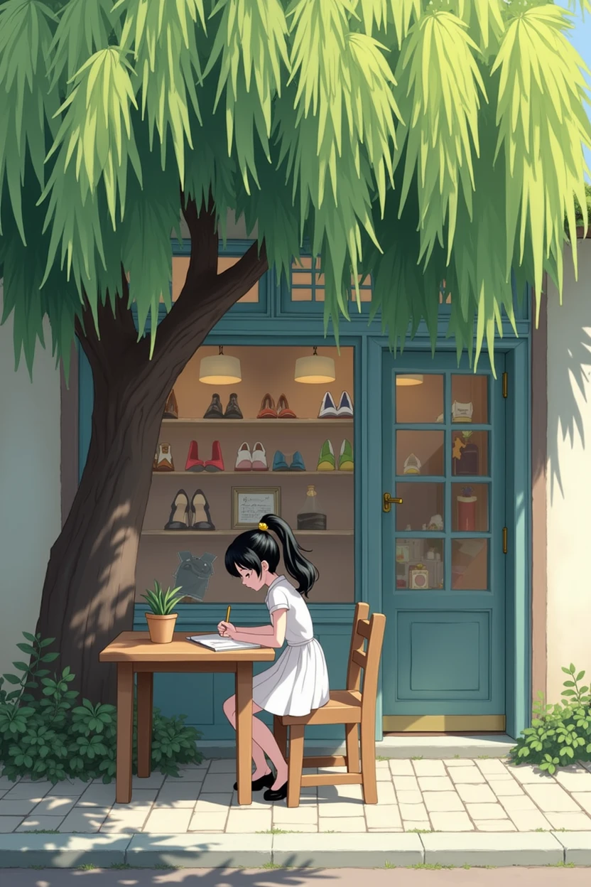 A view from the outside of a shoe shop, a simple table and chair, under a willow tree, a girl sitting on a chair, writing in the office, black ponytail hair, elegant girl,