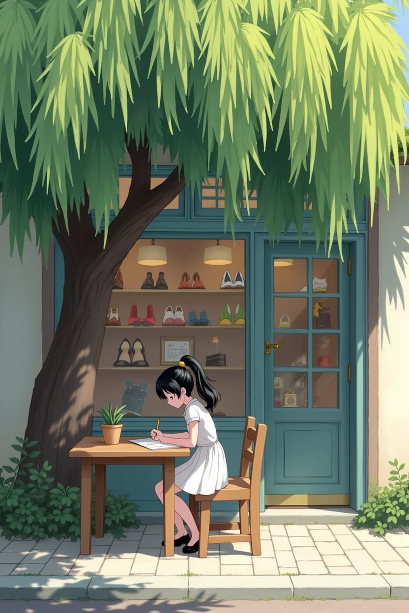 A view from the outside of a shoe shop, a simple table and chair, under a willow tree, a girl sitting on a chair, writing in the office, black ponytail hair, elegant girl,