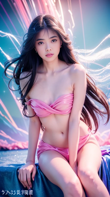 (highest quality, 32k, High resolution, masterpiece:1.5,), Haunting fantasy portrait in abstract style, ((In a swirl of fantastic pastel colors and soft light)), Evoking a sense of soothing tranquility and elusive beauty, Award-winning masterpiece with amazing details, cute woman, medium round breasts , perfect human ???????, big magical eyes, gentle smile, ((Shiny detailed brown hair)), Long straight hair tousled by the wind, Beautiful asymmetrical bangs, hair between eyes, smooth and soft skin, thin eyebrows, clear double eyelids, Attractive pink lips, ((?????, Wrap your body in a transparent silk cloth)), High resolution perfect collarbone, High resolution beautiful bust, Slender body with round breasts, ((Colorful sparkling light effects:1.3)), summer blue sea, The blue, sparkling water surface reflecting light, bright sunshine, professional lighting, professional photographer, Professional models,mysterious