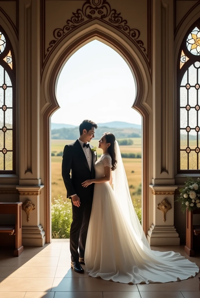 A modern photo of a Korean man standing next to a Korean woman, both facing forward and looking at the camera.、Men in tuxedos、She is in a wedding dress、The background is a church that exudes the scent of the prairie.