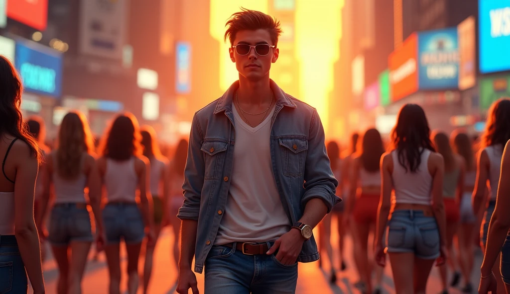 USA TIME SQUARE ORANGE SUNSET EVENING THE ROADS ARE WITH PEOPLE AND YOUNG GIRLS WEARS SHORTS AND TSHIRT DETAILED IN BETWEEN THEM A GUY AGE 27 WALKING VERY STYLISH CLOTHES JEANS AND SHIRT.HIGHLIGHT THE GUY SHOW HIS FACE. VIBRANTLY. IN LONG SHOT EVERY ONE HAS TO BE DETAILED.