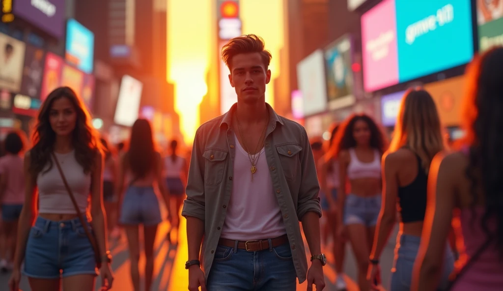 USA TIME SQUARE ORANGE SUNSET EVENING THE ROADS ARE WITH PEOPLE AND YOUNG GIRLS WEARS SHORTS AND TSHIRT DETAILED IN BETWEEN THEM A GUY AGE 27 WALKING VERY STYLISH CLOTHES JEANS AND SHIRT.HIGHLIGHT THE GUY SHOW HIS FACE. VIBRANTLY. IN LONG SHOT EVERY ONE HAS TO BE DETAILED.