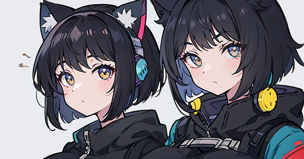 Shortcuts, Black Hair, Bob Hair, Large Breasts, Cat ear headphones, Character portrait,