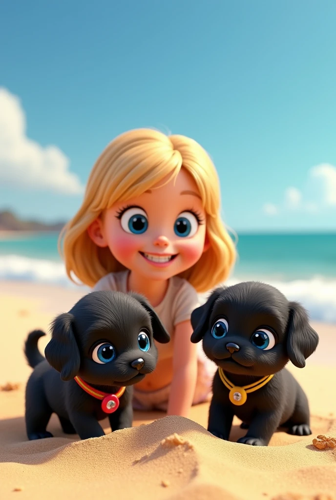 1 blonde girl, 2 adorable black shih tzu puppies with big blue eyes wearing a colorful collar digging in sand, at beach 3D Pixar style