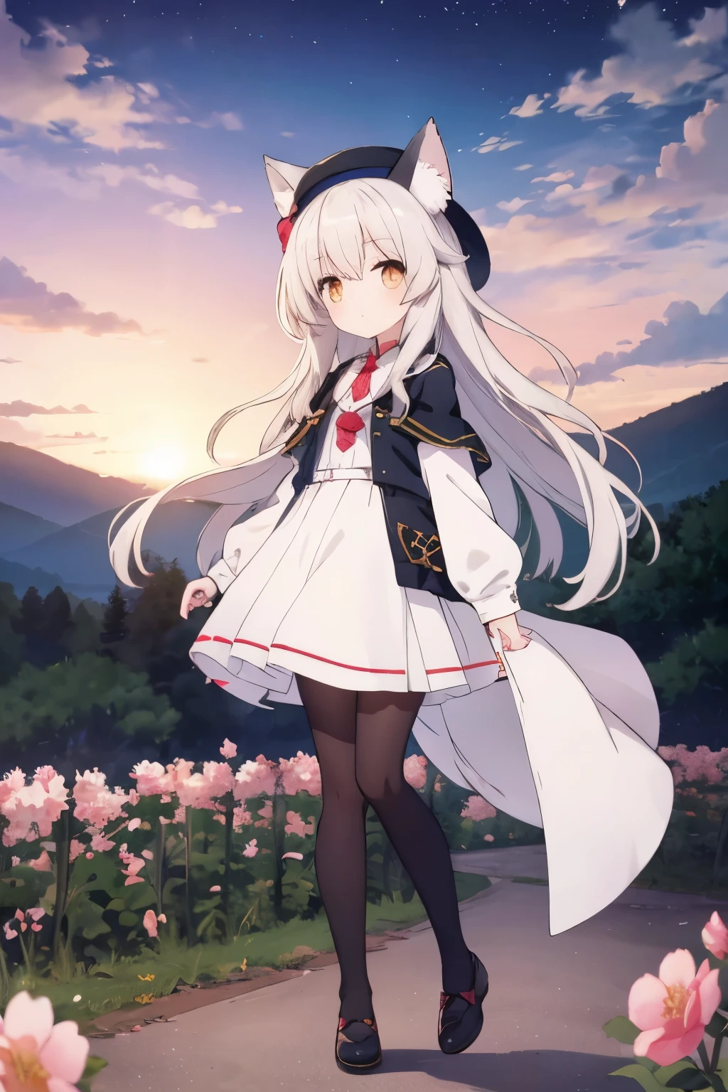 White long hair,(The hair is a ghastly white.:20),Golden Eyes,Has white fox ears,Tights,Full body portrait,Painter's hat,dusk,field,Peach Blossom Forest,Colorful clouds in the sky,Pure white dress,dusk,Peach Blossoms,,Short stature