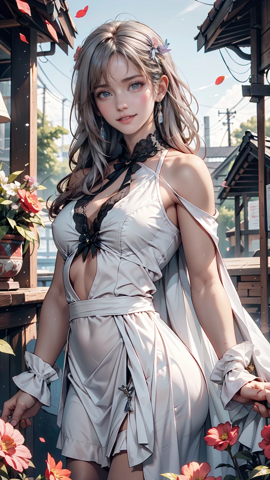 masterpiece, Great work, Daytime, Outdoor, Falling Flowers, White Dress, 1 person, Perfect Woman, Woman with long silver and white hair, Gray blue eyes, Pale pink lips, cold, Severe, Van, Purple eyes, White clothes, Black Apparel Line, Delicate face, Beautiful Face, Standing Bow, Tassel, The Knot of Happiness, smile