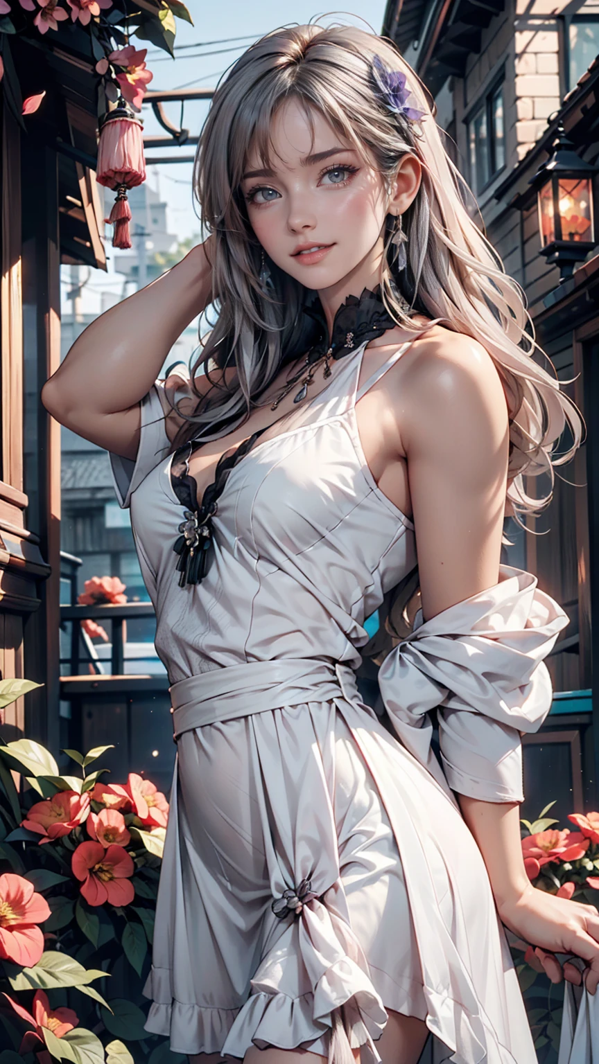 masterpiece, Great work, Daytime, Outdoor, Falling Flowers, White Dress, 1 person, Perfect Woman, Woman with long silver and white hair, Gray blue eyes, Pale pink lips, cold, Severe, Van, Purple eyes, White clothes, Black Apparel Line, Delicate face, Beautiful Face, Standing Bow, Tassel, The Knot of Happiness, smile 