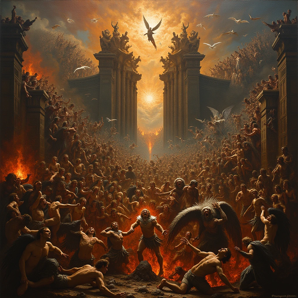 ((mejor calidad)), ((obra maestra)), (detallado), a painting of a large group of people in a room with angels, Dante's hell painting, The final battle in hell, angel in hell, dark baroque art, satan in hell, Renaissance painting of evil men, Dark Baroque Painting, hell and heaven, The heaven and the hell, Battle between angels and demons., Hell's doors, the great gate of hell, Dante's hell