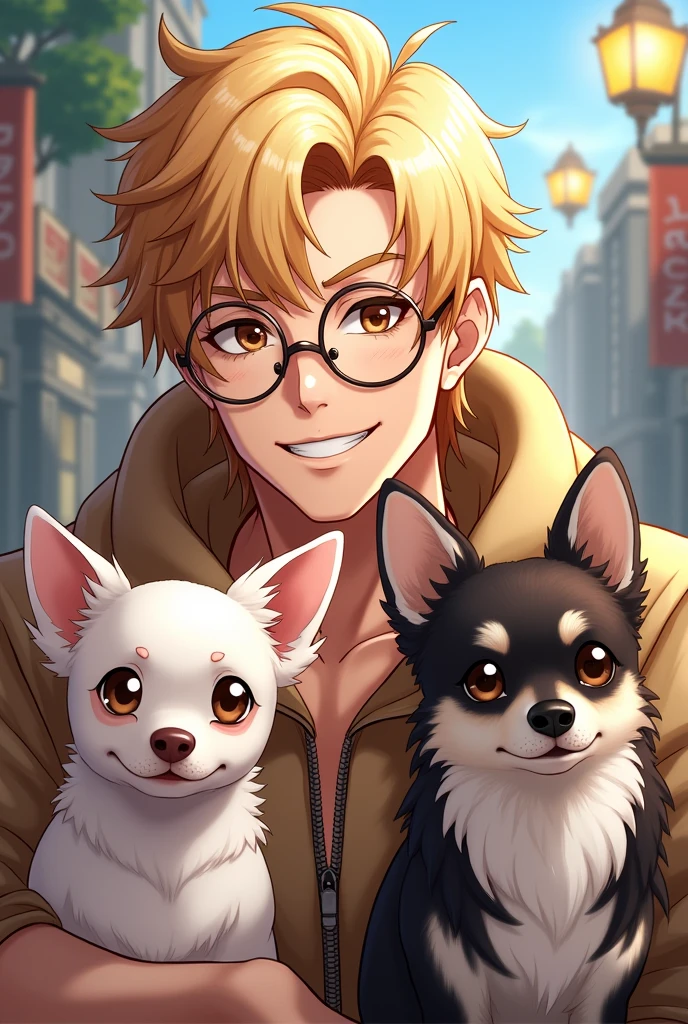 Character with features from the Genshin Impact game, 29-years-old, masculine, blond, brown dark eyes, round circular eyeglasses, casual outfit, Grinning, with a short beard, social hair, accompanied by a short-haired white Chihuahua dog, and another long-haired chihuahua dog with a double color of black and white.