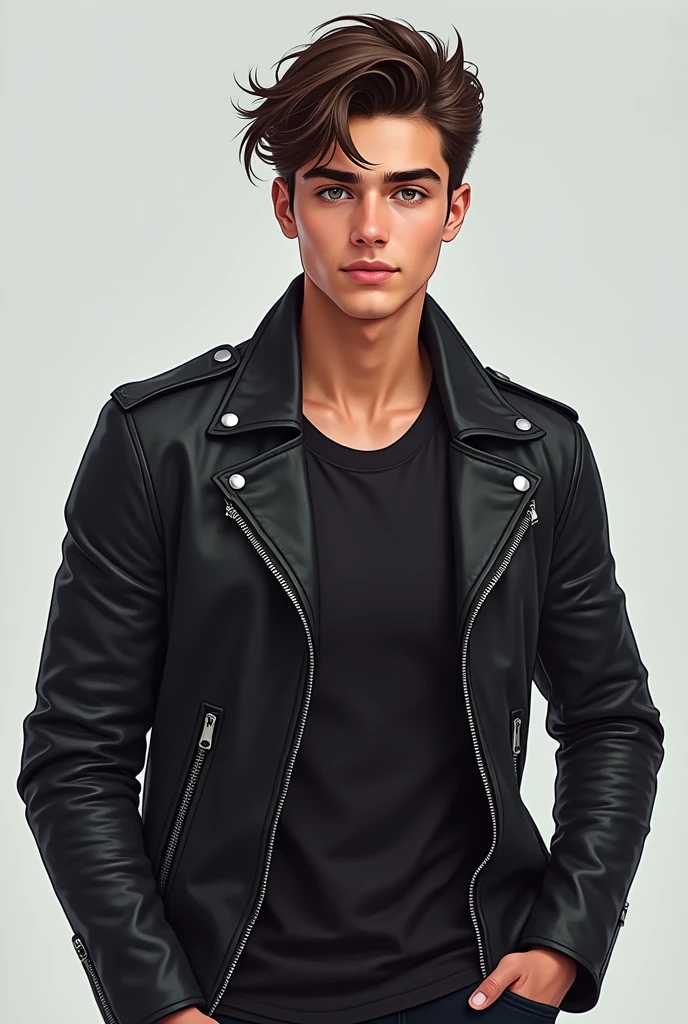 The handsome boy age of 18 wearing the biker jacket and have a silky hairs