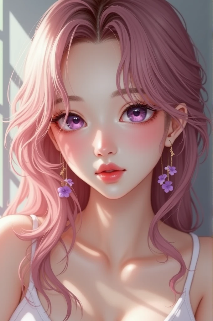 Give me a realistic image of a girl with pink blonde hair from 19 to 23 years old from 1.50m very feminine with Asian features but sweet and seductive purple eyes