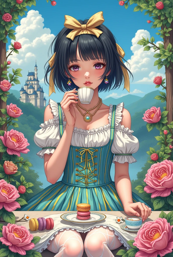 (​masterpiece、top-quality、top-quality、Official art、Beautifully Aesthetic:1.2)、(One girl:1.3)、A highly detailed、(Fractal Art:1.1)、(colourfull:1.1), (florals:1.3)、The most detailed、(Zentangle:1.2)、full body Esbian、(Blue sky and rose garden:1.3)、(shinny skin)、(Many colors:1.4), (pluma:1.5)、​masterpiece、top-quality、top-quality、Official art、Beautifully Aesthetic:1.2)、(1girl in)、ighly detailed、(Fractal Art:1.3)、colourfull、highestdetailed、long、A dark-haired、big eye、Women in Japan、(Ruffle frills, extremely detailed Chiffon Lace Ribbon Suspenders, (turquoise blue and yellow Stripe Design Pastel Coloring extremely detailed dress),extremely detailed Big Ribbon Headband, extremely detailed Open Colorborn, extremely detailed puff sleeves, extremely detailed Tied thin ribbon corset, extremely detailed Balloon skirt, extremely detailed White Net Tights, Colorful star-shaped bead accessories)、Cute table、Drinking tea、Tea、teapot、macaroons, You can see the castle behind