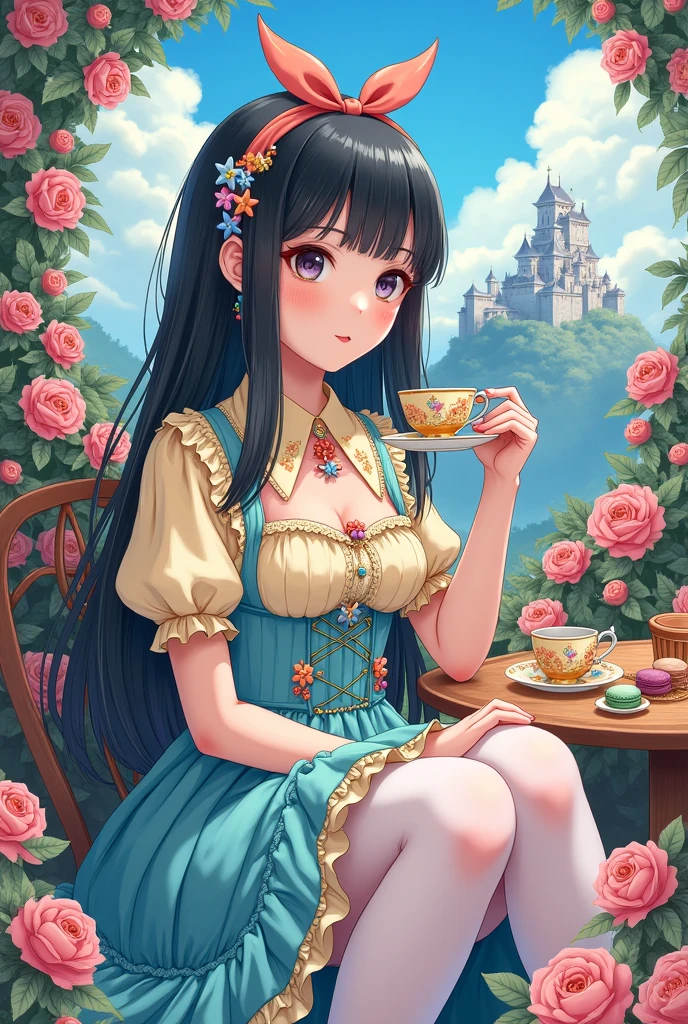 (​masterpiece、top-quality、top-quality、Official art、Beautifully Aesthetic:1.2)、(One girl:1.3)、A highly detailed、(Fractal Art:1.1)、(colourfull:1.1), (florals:1.3)、The most detailed、(Zentangle:1.2)、full body Esbian、(Blue sky and rose garden:1.3)、(shinny skin)、(Many colors:1.4), (pluma:1.5)、​masterpiece、top-quality、top-quality、Official art、Beautifully Aesthetic:1.2)、(1girl in)、ighly detailed、(Fractal Art:1.3)、colourfull、highestdetailed、long、A dark-haired、big eye、Women in Japan、(Ruffle frills, extremely detailed Chiffon Lace Ribbon Suspenders, (turquoise blue and yellow Stripe Design Pastel Coloring extremely detailed dress),extremely detailed Big Ribbon Headband, extremely detailed Open Colorborn, extremely detailed puff sleeves, extremely detailed Tied thin ribbon corset, extremely detailed Balloon skirt, extremely detailed White Net Tights, Colorful star-shaped bead accessories)、Cute table、Drinking tea、Tea、teapot、macaroons, You can see the castle behind