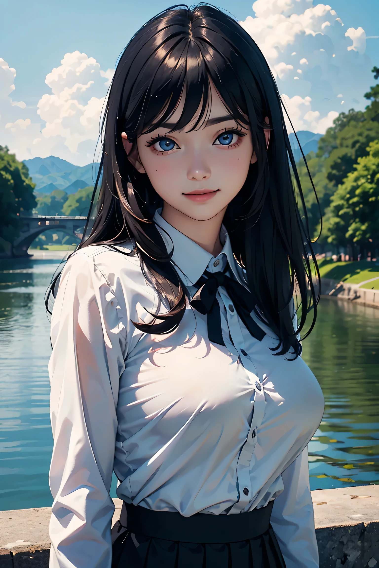 (masterpiece:1.2, Highest quality), (Realistic photos), Beautiful illustrations, (Natural side lighting, Cinema lighting),1 person, Japanese, 20-year-old female, Perfect Face, Symmetrical cute face, Glowing Skin, (Black Hair、Straight Long Hair)、Flowing bangs, Dark blue eyes, Long eyelashes, (Large Breasts:1.4), Slender build, Beautiful Hair, Beautiful Face, Fine and beautiful eyes, Beautiful body, Beautiful breasts, (White long sleeve collared shirt、Small black ribbon、Navy blue pleated skirt),smile、Blushing、stand、river、bridge、blue sky、White cloud