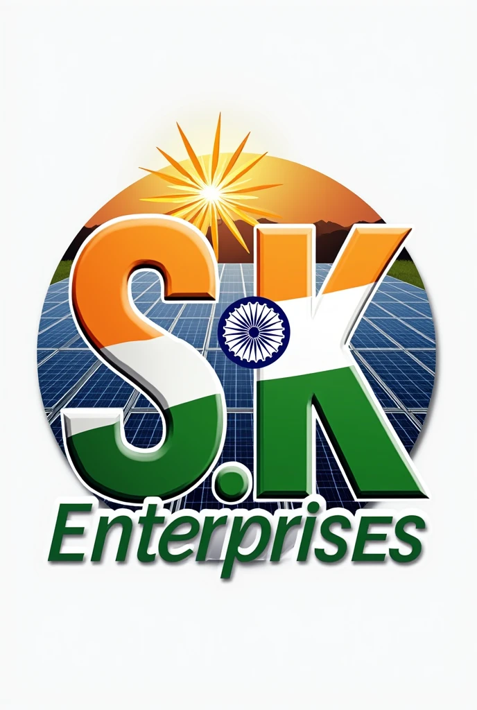 Write a logo with name "S.K Enterprises "filled with Indian flag and back ground will be filled with solar panel all small items inspiring Indian independence day
