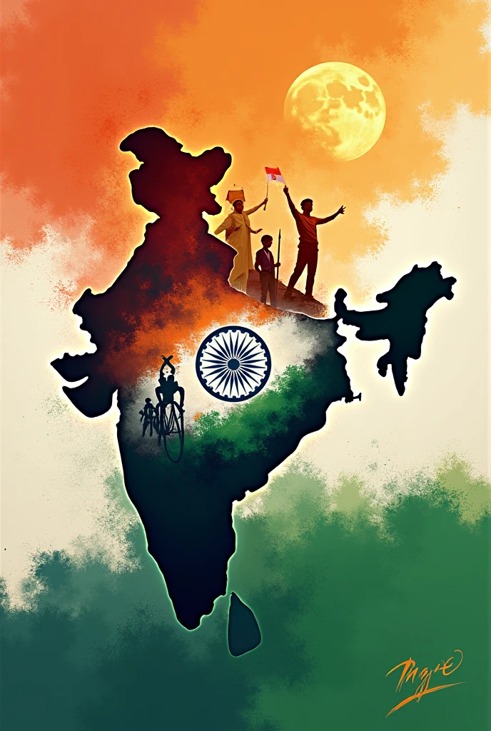 Cool graphic design poster art of indian map, indian flag elements, vibrant, courage, sacrifices of indian freedom fighters depicted in background