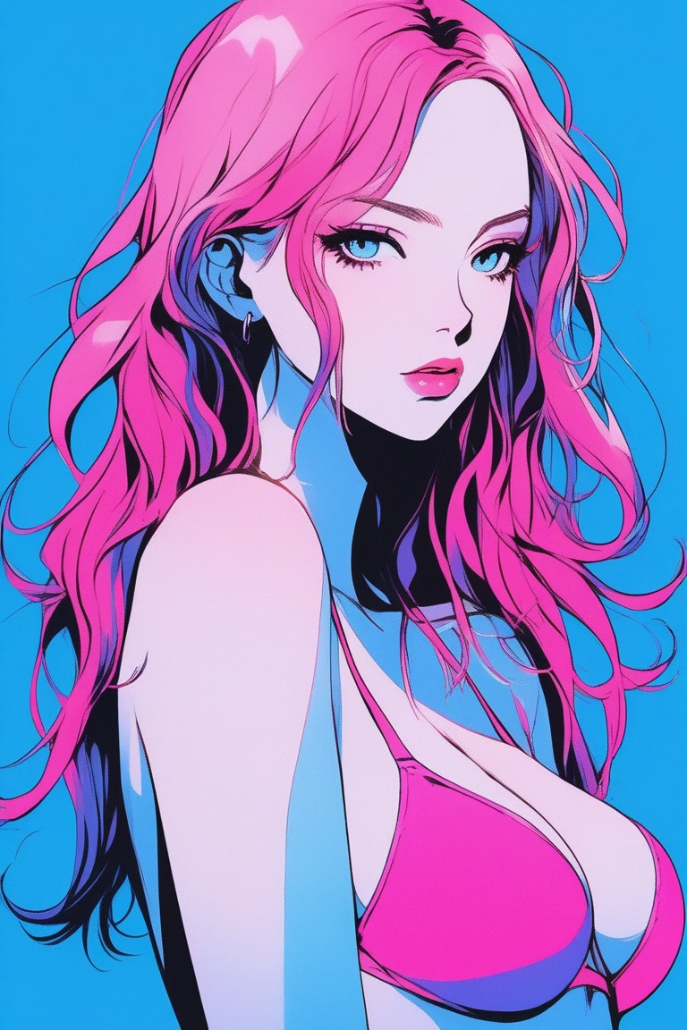 Illustrator, anime , Realistic ,sketch , 1 person, ,lip, bikini, (((whole body))), order, Blue gradient background, Neon Medium Hair,Texture Trim, Canadian, (masterpiece,Highest quality) cancer