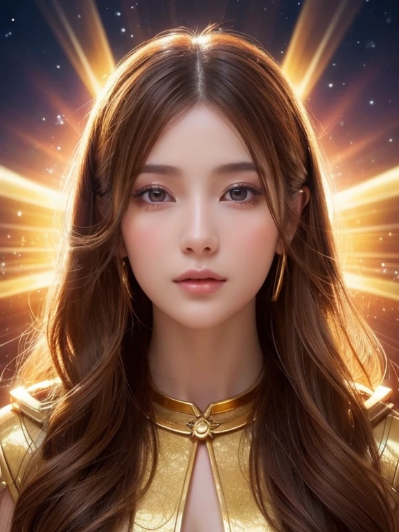 3,Close-up of a woman wearing a golden dress、Front facing、Center the screen、The background is shining with a halo.、Abstract images, Beautiful Celestial Magician, Heavenly Goddess, Golden ethereal light, Fantastic fantasy, Beautiful Fantasy Empress,, Goddess of space and time, Shining golden aura, Goddess of Light, A surprisingly young and mysterious person,Half Japanese, half Caucasian、Brown hair、round face、Long eyelashes