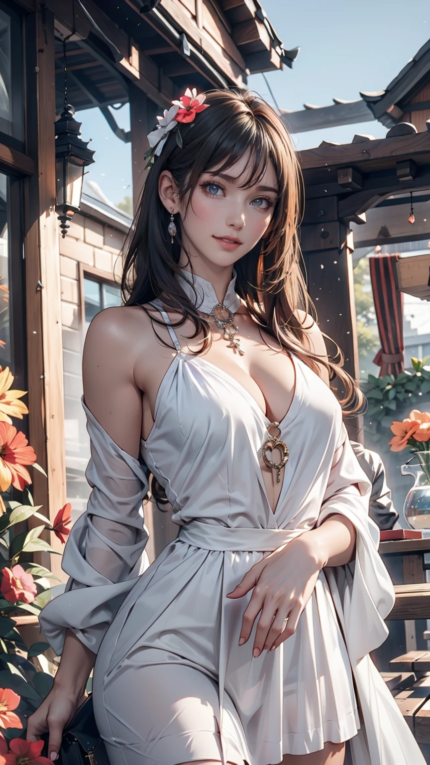 masterpiece, Great work, Daytime, Outdoor, Falling Flowers, White Dress, 1 person, Perfect Woman, Woman with long silver and white hair, Gray blue eyes, Pale pink lips, cold, Severe, Van, Purple eyes, White clothes, Black Apparel Line, Delicate face, Beautiful Face, Standing Bow, Tassel, The Knot of Happiness, smile