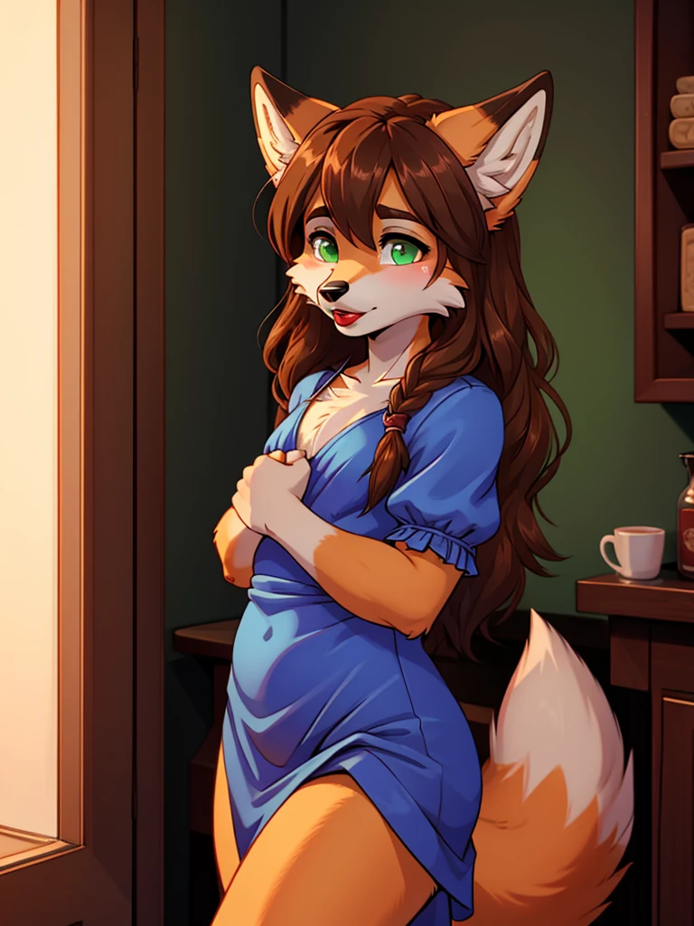 Best quality, furry male fox with green eyes, with brown long hair, with black spout, with red lipstick on lips, big lips, in a blue dress, crossdressing, bare chest, shy, he's waving his hand near his mouth, sexy pose, portrait, Against the background of the night street