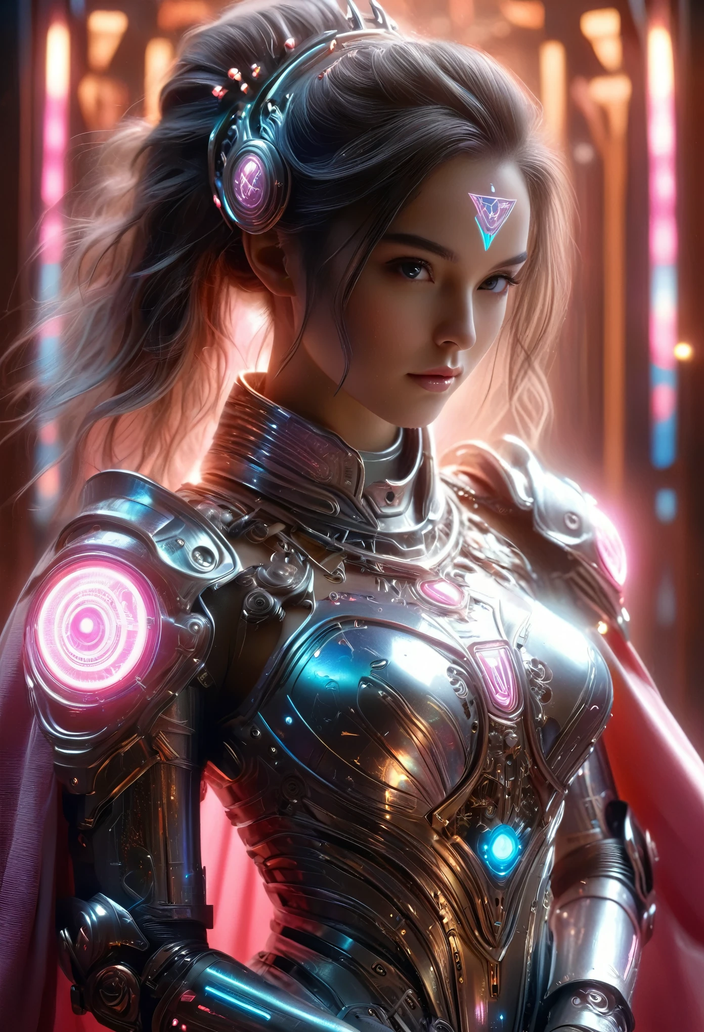 (Best Quality, 4K, 8K, High Resolution, Masterpiece: 1.2), (Super Detailed, Realistic, Photorealistic:1.37), A woman in futuristic clothing, (erotic and sexy:1.4), Trending on cgstation, Trending on cgstation, (Portrait of a girl in the Knights of the Zodiac:1.4), (blunt bangs:1.7), Cute Cyborg Girl, Perfect android girl, Portrait Astronaut Girl, Beautiful girl cyborg, Girl wearing iridescent and pink and white mechanical cyber armor, Game CG, cgsociety and fenghua zhong, Beautiful Cyborg Shrine Maiden, Bioluminescence, (Gal Gadot:0.6), Anatomically correct grip, Anatomically correct four fingers and one thumb, (long claws:1.4), erotic and sexy, A gorgeous cape with beautifully detailed embroidery, energy ball