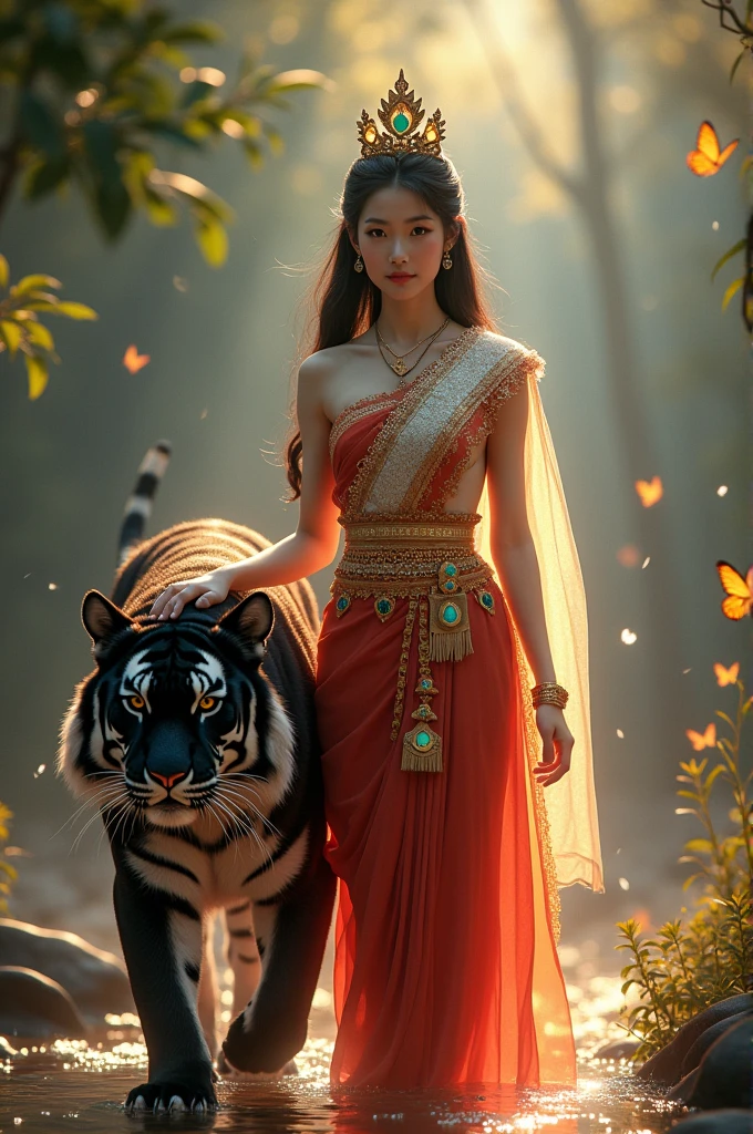 full lenght hiper 4k Full body image of a young woman, beautiful face, gentle and soft, white skin, 21 years old, long black hair, wearing a fiery red ancient Dusit Thai dress, a red and gold sarong, a beautiful and exquisite nine-pointed belt, a white and gold shoulder shawl, sparkling. Full body image, wearing a small crown on her head decorated with emeralds, glowing light, aura around the body, on the side there is a huge black tiger with emerald eyes, wearing gold accessories walking beside the young woman, in the middle of a small stream, there are colorful butterflies flying around, glowing light, sparkling beautifully. Oil painting, 3D image, beautiful and sharp. Art image of Professor Chalermchai