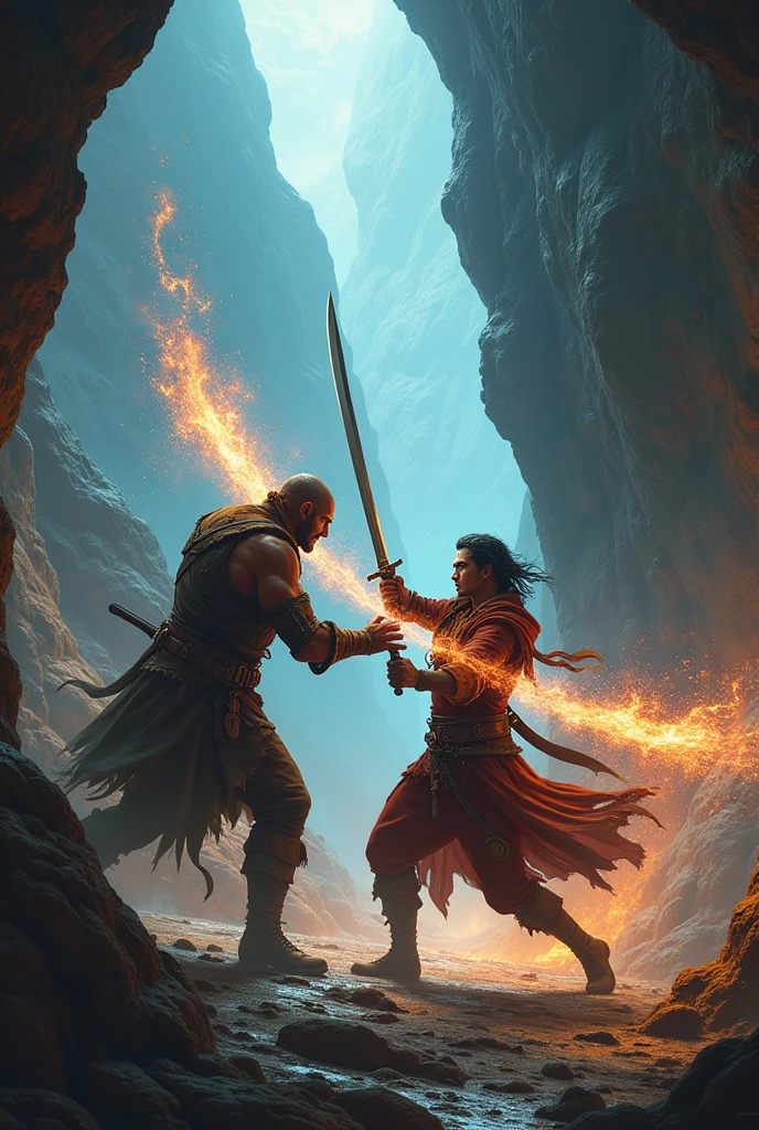 Give me a panel of Mage with a sword Vs strength only fist and the next panel the strength man was using a final blow punch to mage user with a sword and win the fight and scream for a victory