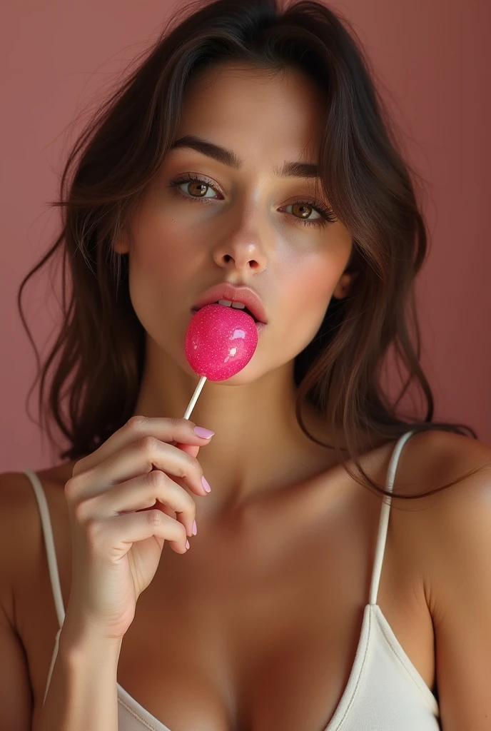 woman sucking a lollipop with a sexy face while looking at the camera and touching her tits
