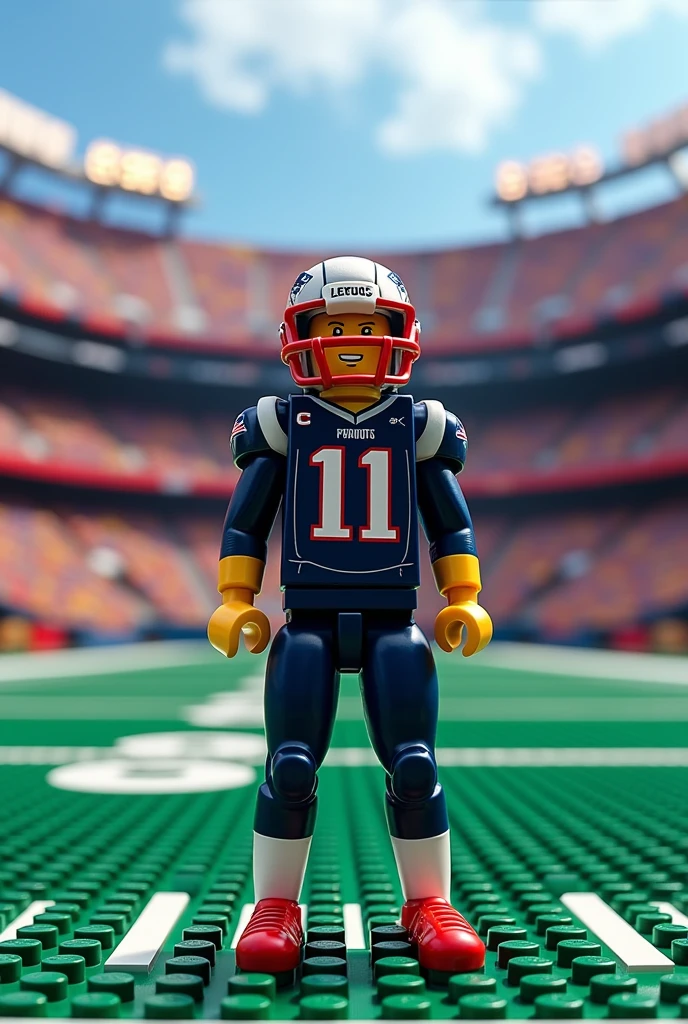 player #11 New England Patriots on the Gillette Stadium field made of millions of LEGO pieces destroyed