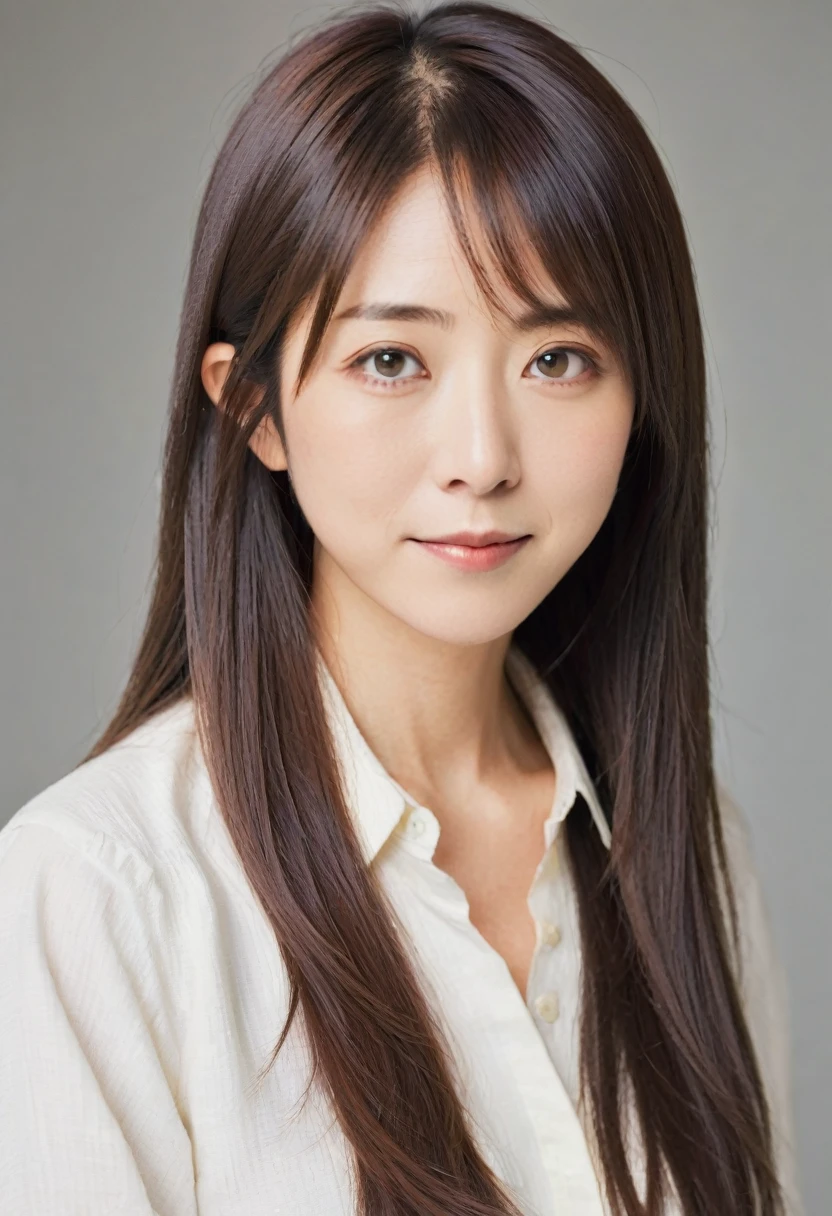 Yurie Okamoto、Age 35、Long straight hair、透けたキャミソール、Lifted eyes、Fox Eyes、