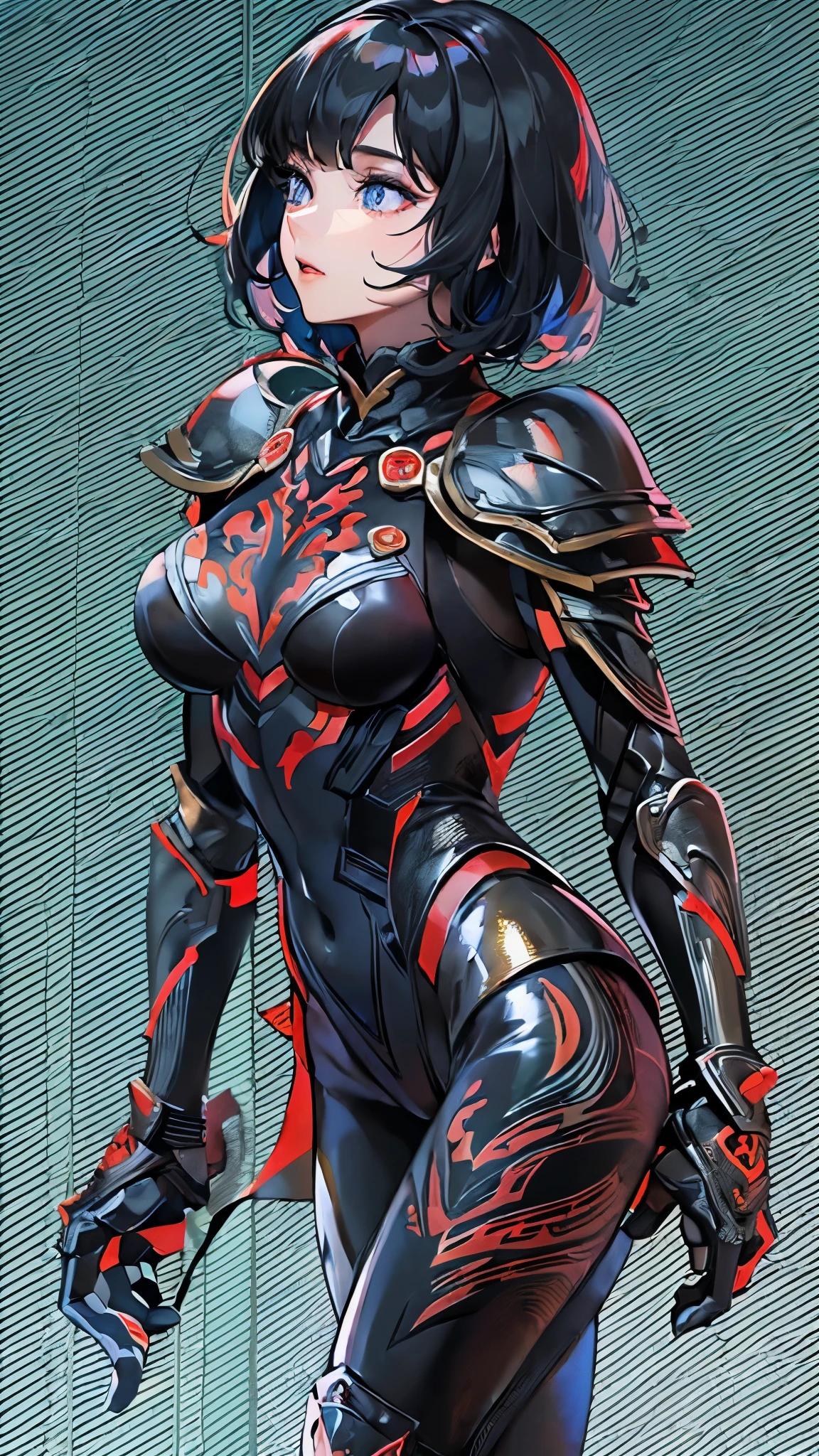 ((Highest quality)),(Ultra-high resolution),(Super detailed),(Detailed Description),((The best CG)),(masterpiece),Highly detailed art,(Art with precise detail:1.5), (woman:1.6),(Black full body tights:1.8),(Metallic Red:1.7, Light armor:1.6, Detailed carving:1.5),(Glossy black short hair:1.3),(Sapphire blue eyes:1.3, Slanted Eyes:1.5)