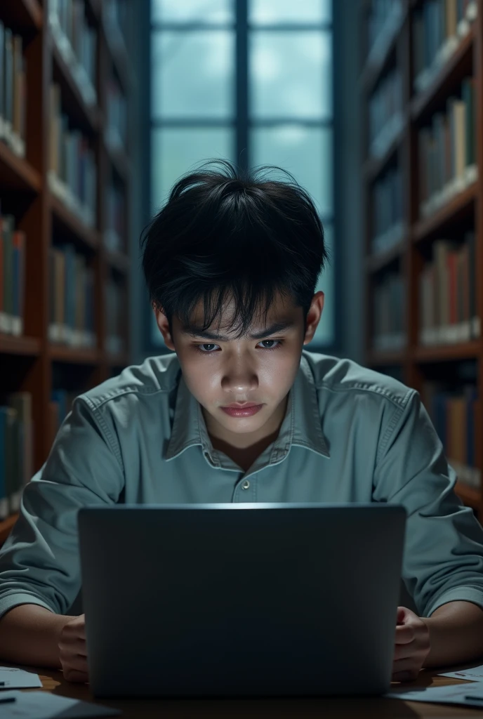 A 18 year boy crying in library with laptop