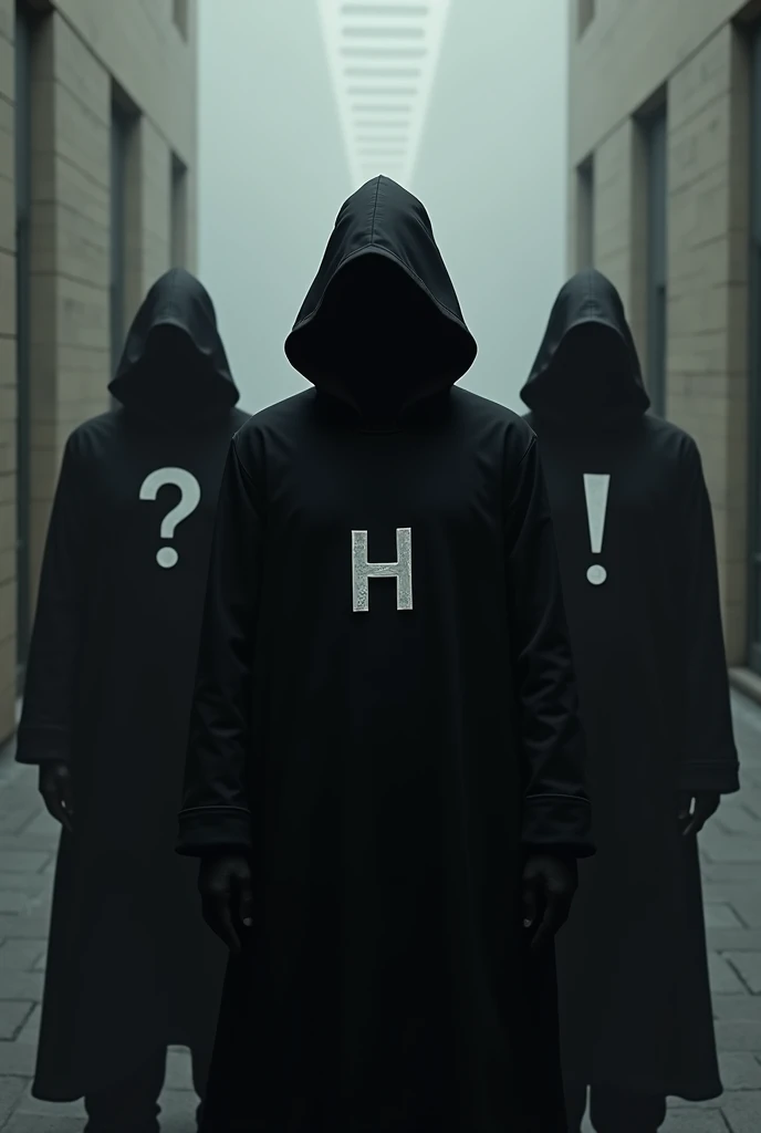 3 men completely dressed in black. The first in the middle with no distinguishing features, o segundo na esquerda dele com uma interrogação On the chest e o terceiro com uma exclamação On the chest, The middle one also wears a hood and the middle one has the symbol "H" On the chest.