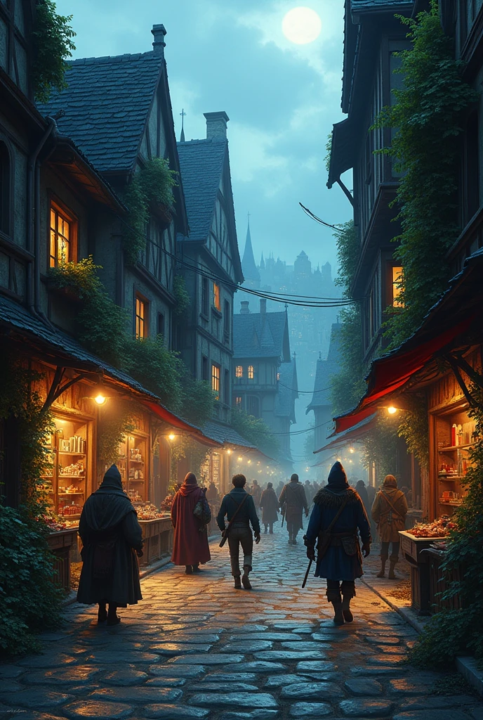 illustration, fantasy world, Dark World, Adventurers and Villagers, downtown of medieval city, landscape. background with market, tavern, stone road. twilight, There are vines growing on the walls of the building