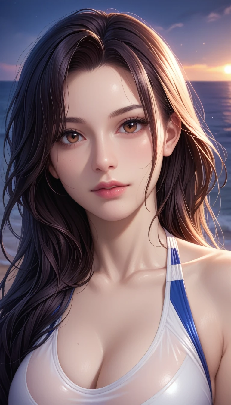 score_9, score_8_superior, score_7_superior, High-resolution CG illustration,A masterpiece in 32K resolution,Highest quality,it is really amazing,Very detailed,Ultra-high resolution,Ultra-realistic,Realistic,Increased depth of field,Cinematic lighting,
Sexy mature Japan woman,
Straight long hair with black hair,Ultra-detailed and beautiful face,Calm and gentle look,Beautiful brown eyes,Translucent white skin,Realistic skin texture,Great proportions,
Sexy high leg swimsuit,
Artistic design,Chic color scheme,Detailed fabric texture,
Dark overcast sky on a dull night,Dark clouds filling the sky,Thundercloud,Coastline at night,Stormy seas,delay々A desolate sandy beach that continues,
Beautiful bust up,Close-up of a clenched waist,Cinematic Angle,