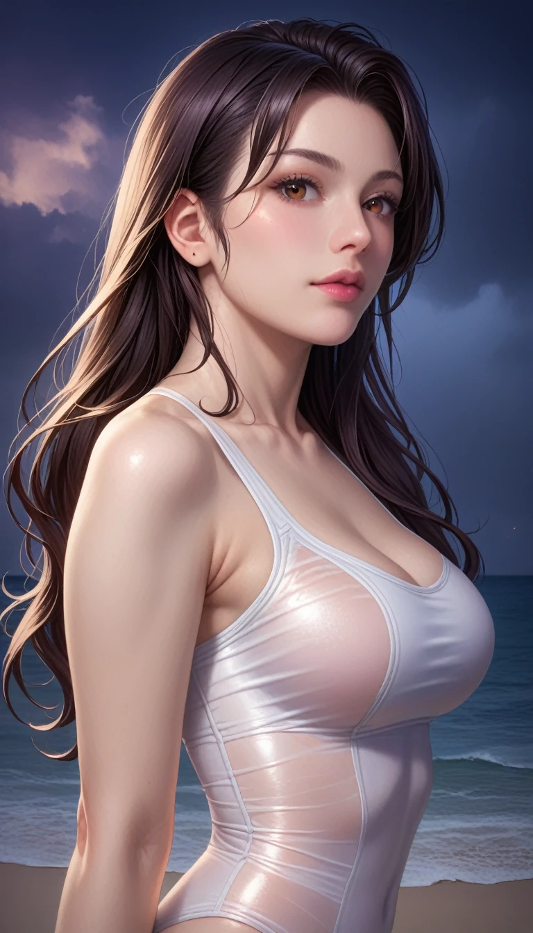 score_9, score_8_superior, score_7_superior, High-resolution CG illustration,A masterpiece in 32K resolution,Highest quality,it is really amazing,Very detailed,Ultra-high resolution,Ultra-realistic,Realistic,Increased depth of field,Cinematic lighting,
Sexy mature Japan woman,
Straight long hair with black hair,Ultra-detailed and beautiful face,Calm and gentle look,Beautiful brown eyes,Translucent white skin,Realistic skin texture,Great proportions,
Sexy high leg swimsuit,
Artistic design,Chic color scheme,Detailed fabric texture,
Dark overcast sky on a dull night,Dark clouds filling the sky,Thundercloud,Coastline at night,Stormy seas,delay々A desolate sandy beach that continues,
Beautiful bust up,Cinematic Angle,