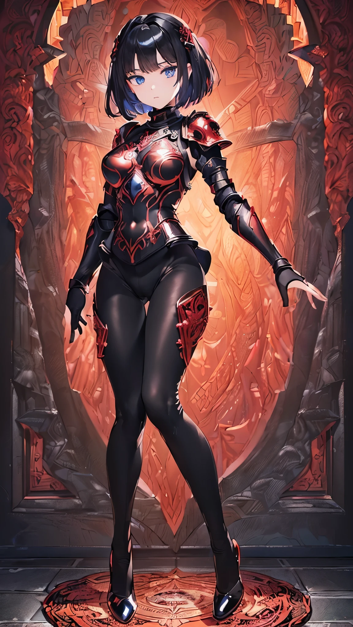 ((Highest quality)),(Ultra-high resolution),(Super detailed),(Detailed Description),((The best CG)),(masterpiece),Highly detailed art,(Art with precise detail:1.5), (woman:1.6),(Black full body tights:1.8),(Metallic Red:1.7, Light armor:1.6, Detailed carving:1.5),(Glossy black short hair:1.3),(Sapphire blue eyes:1.3, Slanted Eyes:1.5)