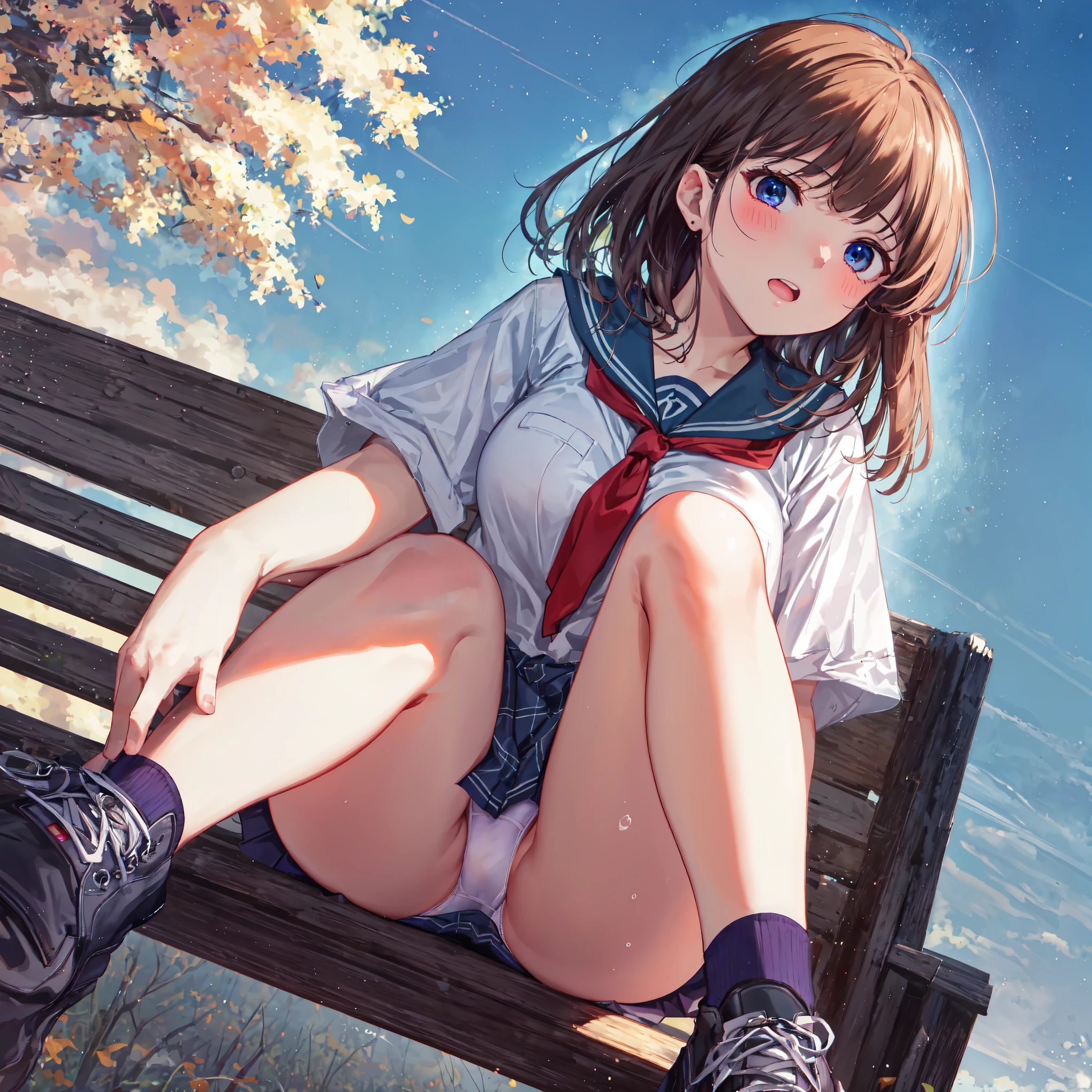 Very detailed, CG, Unity , 8k wallpaper, wonderful, (masterpiece:1.5, Highest quality), (Depth of written boundary), Dynamic posture,masterpiece, Highest quality,Clear blue sky,narrow angle,night,Sailor suit,Red tie,High quality white panties,Lean back,I'm on my knees,Sit on a park bench at night,fat,Sigh,Dark House,sneakers, {{beautiful middle size breasts 1:4}},Pleated skirt,Photoreal 1;4,brown hair,full body ,portrait1;4, high quality panties,{{girl}},top quality,cute girl,high quality background, slanted eyes, detailed shirt chest wrinkles,BREAK, {{beautiful blue eye1:4}}, Accurate 5 fingers