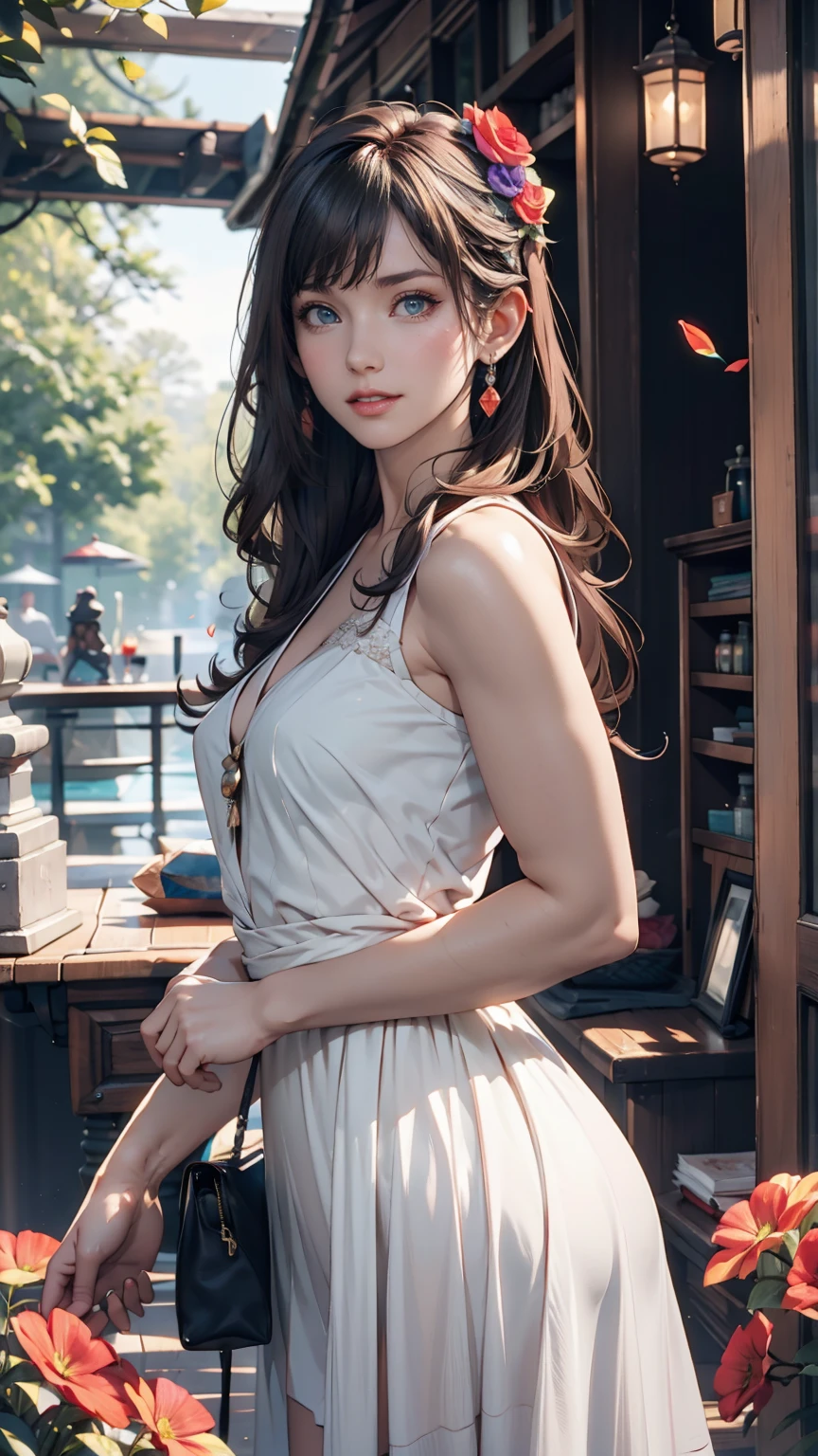 masterpiece, Great work, Daytime, Outdoor, Falling Flowers, White Dress, 1 person, Perfect Woman, Woman with long silver and white hair, Gray blue eyes, Pale pink lips, cold, Severe, Van, Purple eyes, White clothes, Black Apparel Line, Delicate face, Beautiful Face, Standing Bow, Tassel, The Knot of Happiness, smile