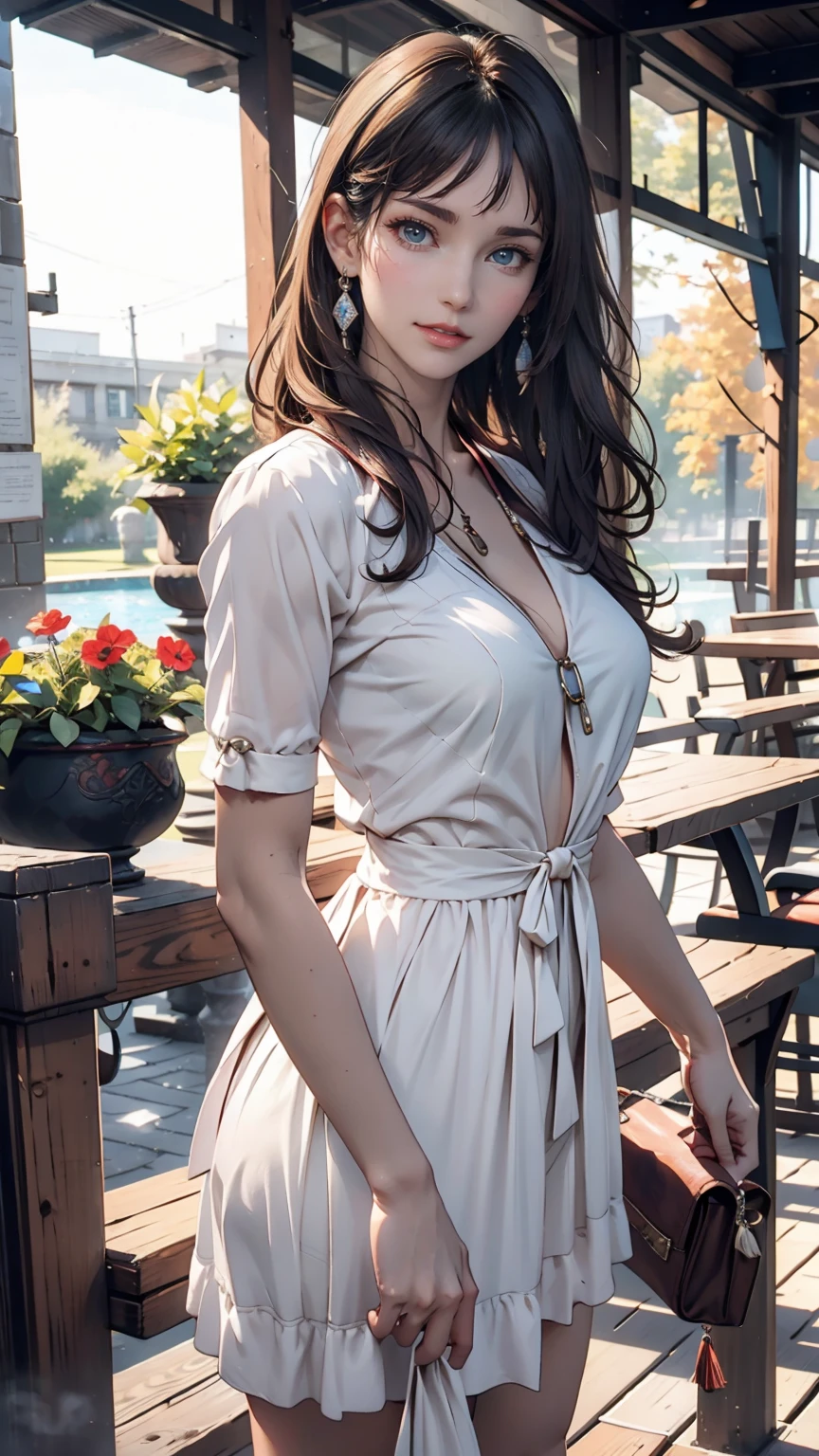 masterpiece, Great work, Daytime, Outdoor, Falling Flowers, White Dress, 1 person, Perfect Woman, Woman with long silver and white hair, Gray blue eyes, Pale pink lips, cold, Severe, Van, Purple eyes, White clothes, Black Apparel Line, Delicate face, Beautiful Face, Standing Bow, Tassel, The Knot of Happiness, smile