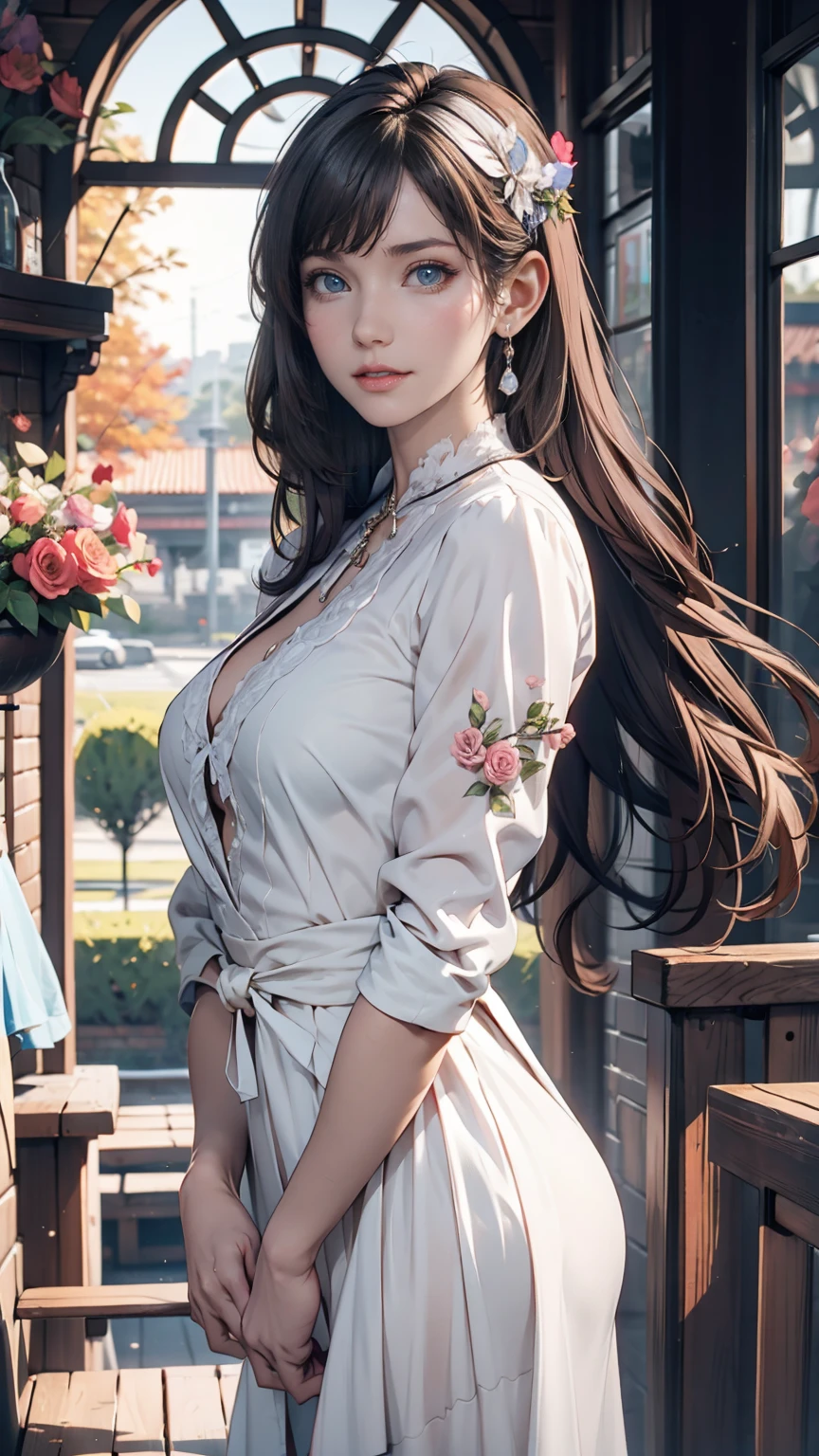 masterpiece, Great work, Daytime, Outdoor, Falling Flowers, White Dress, 1 person, Perfect Woman, Woman with long silver and white hair, Gray blue eyes, Pale pink lips, cold, Severe, Van, Purple eyes, White clothes, Black Apparel Line, Delicate face, Beautiful Face, Standing Bow, Tassel, The Knot of Happiness, smile