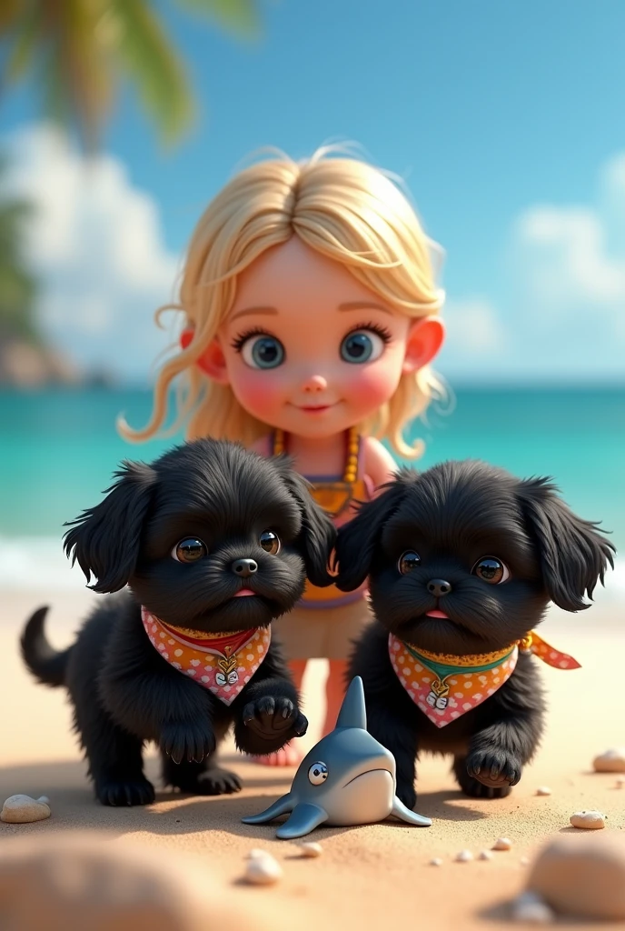 cute adorable 2 black shih tzu puppies, cute blonde girl, extremely detailed, big blue eyes, wearing colorful collar and bandana, playing with shark, 3D Pixar style, at beach, photorealistic, (best quality,8k,highres,masterpiece:1.2),ultra-detailed,(realistic:1.37),HDR,vivid colors,studio lighting