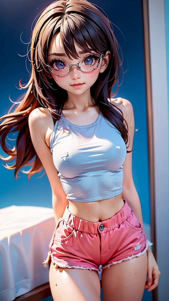 Philippine 1girl, summer, sweaty, short shorts, nerdy, tank top, nasw, skinny lender body,