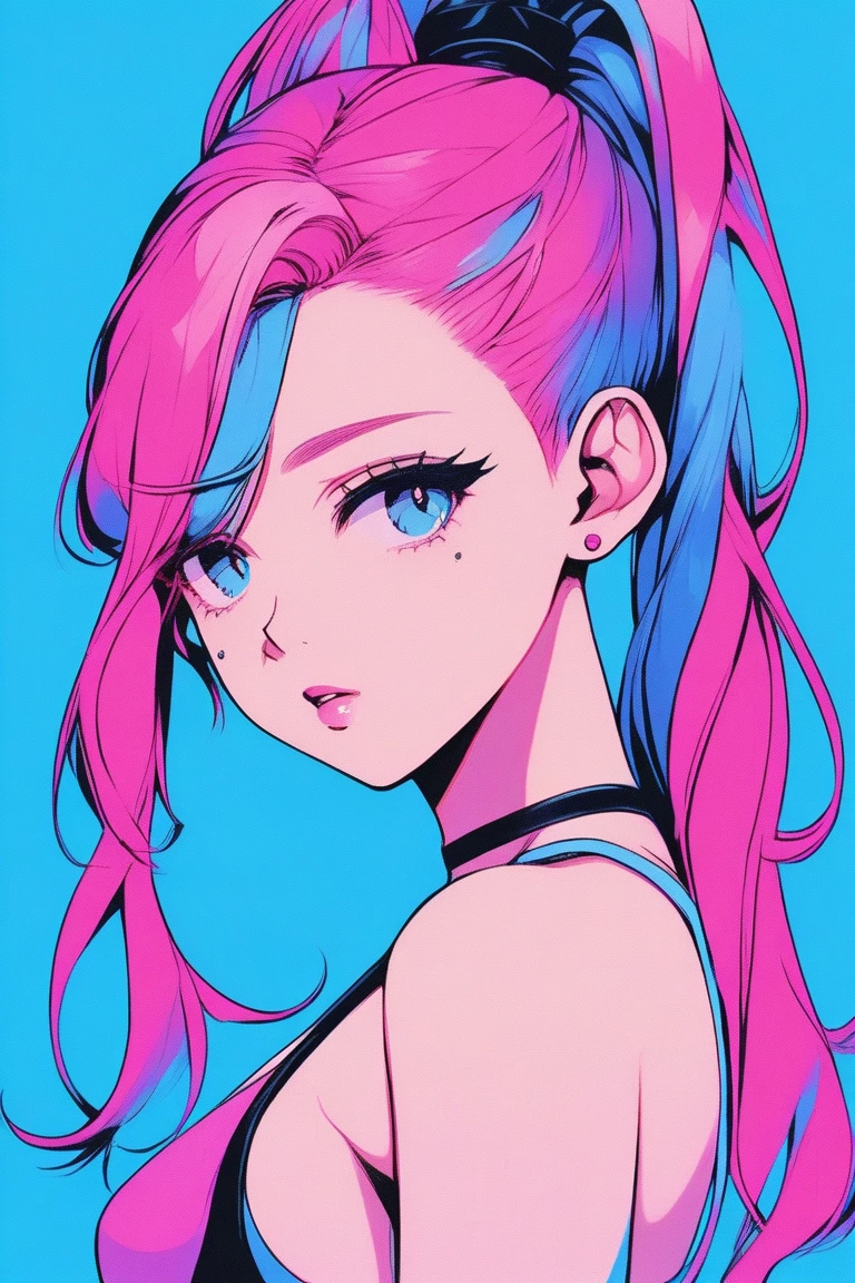 Illustrator, anime , Realistic ,sketch , 1 person, Supermodel, lip, bikini, order, Blue gradient background, Neon Ponytail Hair, Are standing, Sexy pose, Texture Trim, Canadian, (masterpiece,Highest quality) Cancer