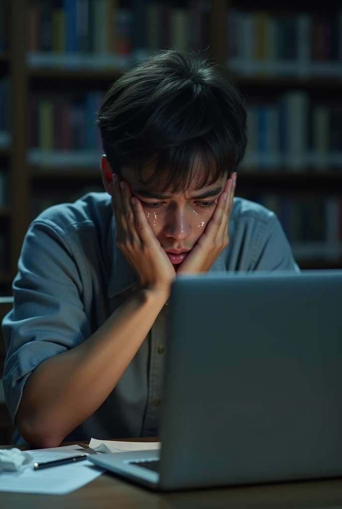 A 18 year boy crying in library with laptop infront of her girlfriend