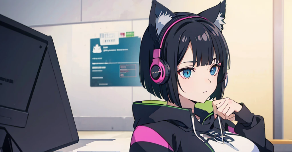 Shortcuts, Black Hair, Bob Hair, Large Breasts, Cat ear headphones, Character portrait,