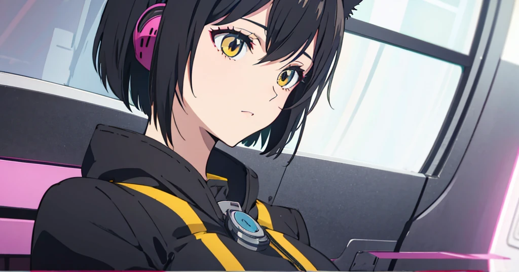 Shortcuts, Black Hair, Bob Hair, Large Breasts, Cat ear headphones, Character portrait, 